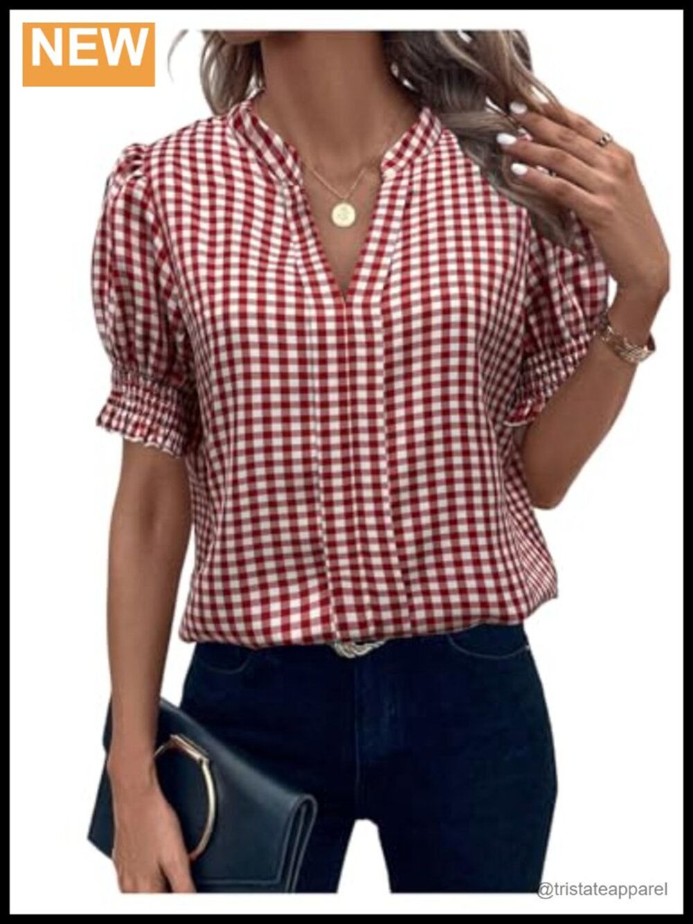 Puff Sleeve Gingham Print V-Neck Blouse Polyester
